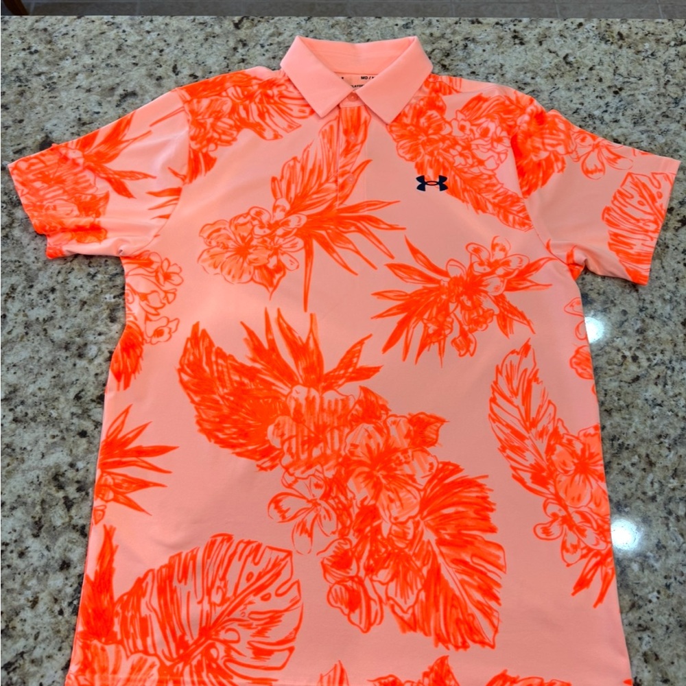 Under Armour Men's Tropical Print Polo - Orange and Pink